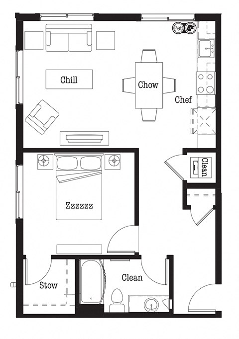 Floor plan for 1 bed, 1 bath, 825 sqft